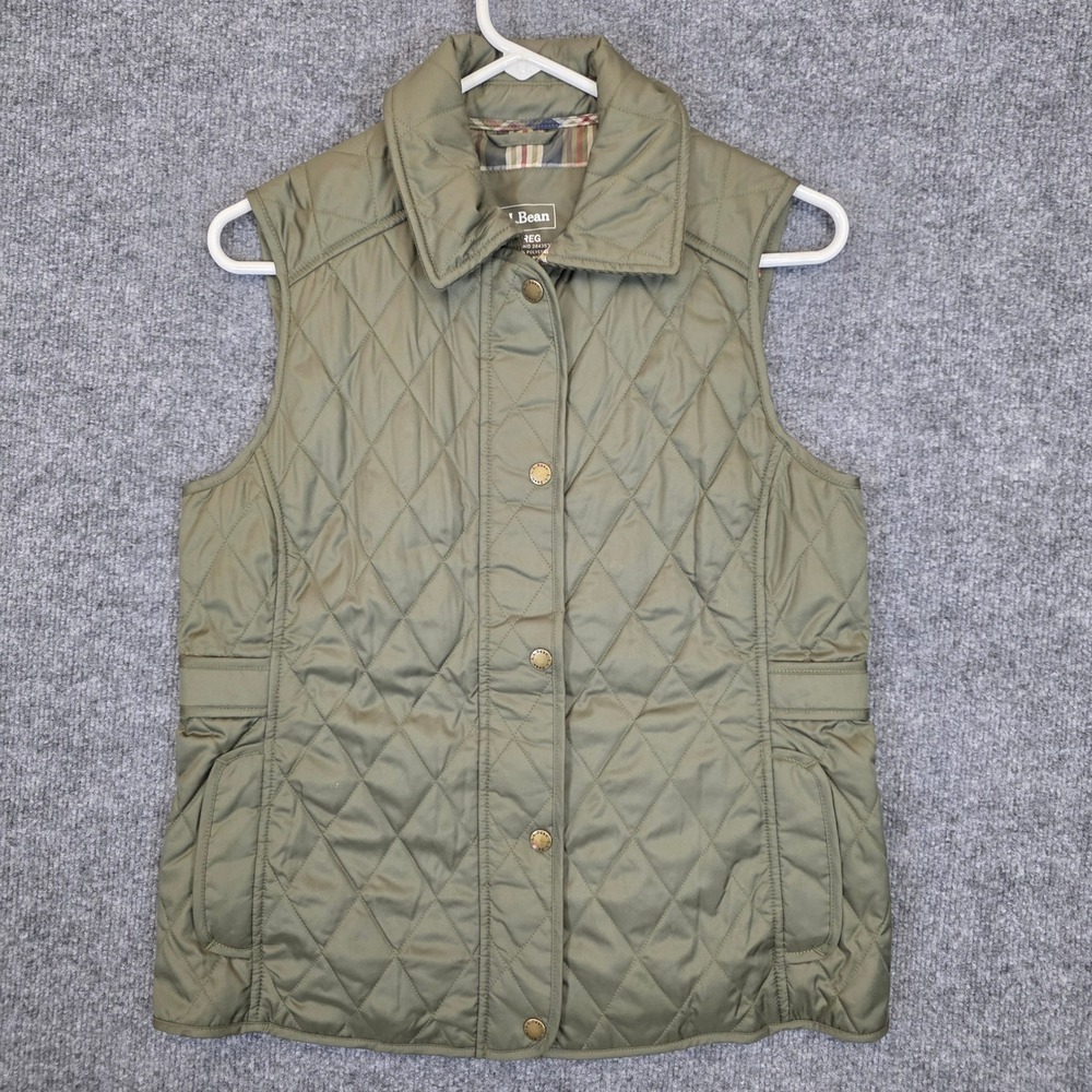 L.L.Bean Quilted Vest Women XS Reg Green Upcountry Plaid Lining Corduroy Trim